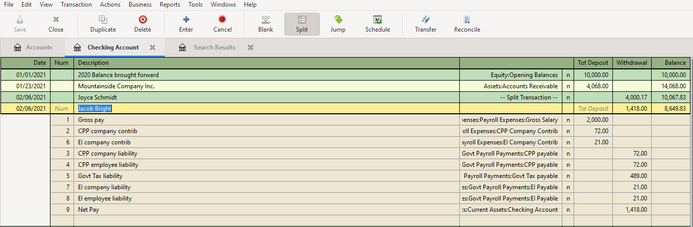 GnuCash Entering Payroll Information for second employee